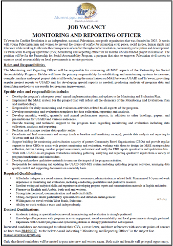Palestine Polytechnic University (PPU) - Monitoring & Reporting Officer - Ta'awon for Conflict Resolution
