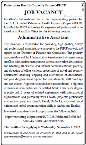 Palestine Polytechnic University (PPU) - Administrative Assistant - PHCP Palestine Polytechnic University (PPU) - Administrative Assistant - PHCP