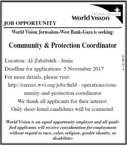 Palestine Polytechnic University (PPU) - Community & Protection Coordinator - World Vision Palestine Polytechnic University (PPU) - Community & Protection Coordinator - World Vision