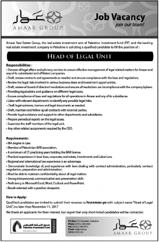 Palestine Polytechnic University (PPU) - Head of Legal Unit - Amaar Group Palestine Polytechnic University (PPU) - Head of Legal Unit - Amaar Group