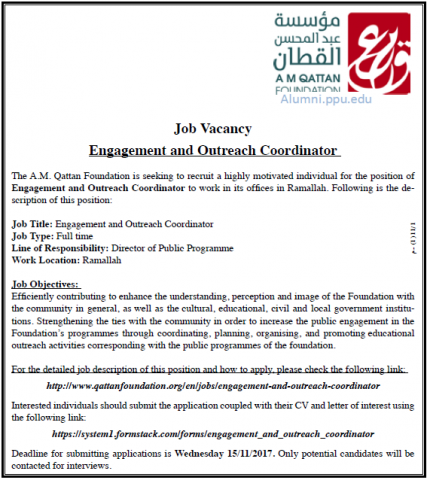 Palestine Polytechnic University (PPU) - Engagment & Outreach Coordinator - Qattan Foundation Palestine Polytechnic University (PPU) - Engagment & Outreach Coordinator - Qattan Foundation