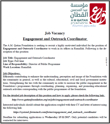 Palestine Polytechnic University (PPU) - Engagment & Outreach Coordinator - Qattan Foundation